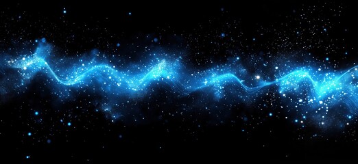 Fototapeta premium Blue glowing wave with sparkling particles on black background for digital art