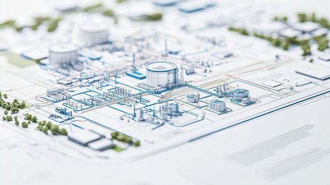 Detailed layout of an industrial facility showcasing pipelines and storage tanks