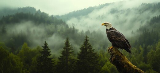 Bald eagle perched on mossy branch overlooking misty forest landscape
