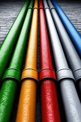 Six colorful metal pipes aligned on a textured concrete surface, showcasing vibrant industrial design.