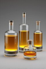 Four elegant glass bottles filled with amber liquid, arranged on a neutral background.