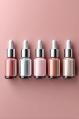 Five dropper bottles with different shades of liquid are arranged in a row on a pink background, suggesting beauty or skincare products.