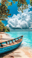 Obraz premium Wooden Boat On Tropical Beach With Turquoise Water And Blue Sky