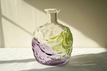 Ornate glass vase with a mottled purple and green design.