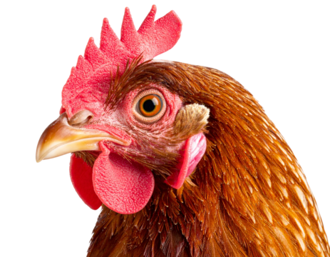 Detailed Close-Up of a Chicken’s Head with Vibrant Feathers – Isolated PNG