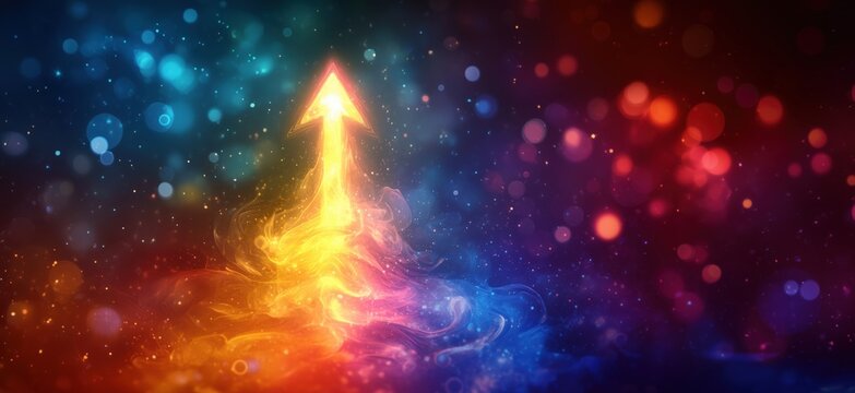 Colorful abstract arrow symbolizing growth and progress in vibrant cosmic background