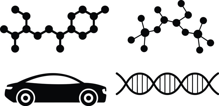Black and white illustration showing molecule structures car and dna on a white background design graphic