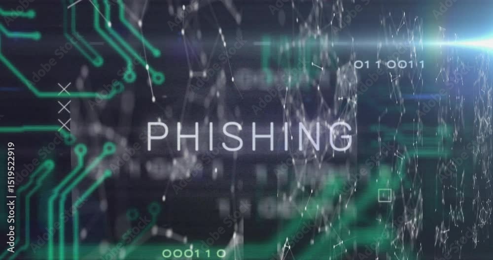 Poster flashing phi letters forming phishing, animating circuits with streaming binary warning users