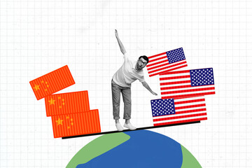 Composite sketch image design trend artwork collage of young man stand balance pile chinese usa...
