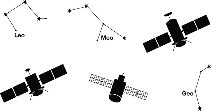 Illustration showing leo meo and geo constellations with satellites in black and white colorscheme