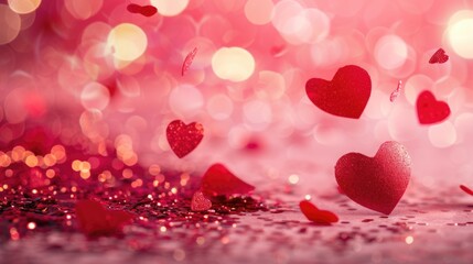 Obraz premium Romantic valentine love concept background with flying red hearts and bokeh lights effect and place for text