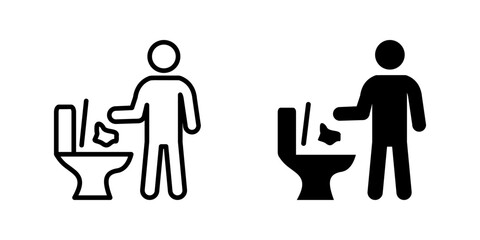 Toilet trash icon. Person throwing waste into toilet bowl vector illustration. Hygiene and bathroom etiquette symbol. Used in public restrooms and sanitation instructions sign. Cleanliness pictogram.