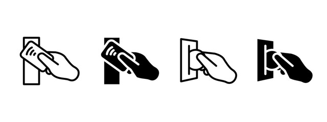Payment icon. Hand holding card or coin to make contactless transaction on terminal vector illustration. Digital wallet and modern checkout symbol. Finance and retail scan system sign pictogram.