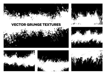 Versatile vector grunge textures set. Black and white distressed abstract backgrounds with rough edges, paint strokes, and splatter effects. Ideal for edgy designs, overlays, and artistic projects.