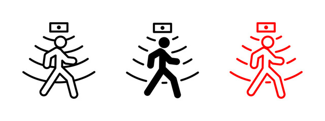 Motion sensor icon. Person walking under active detection field with signal waves vector illustration. Surveillance and automation sensor response symbol. Infrared presence detection sign.