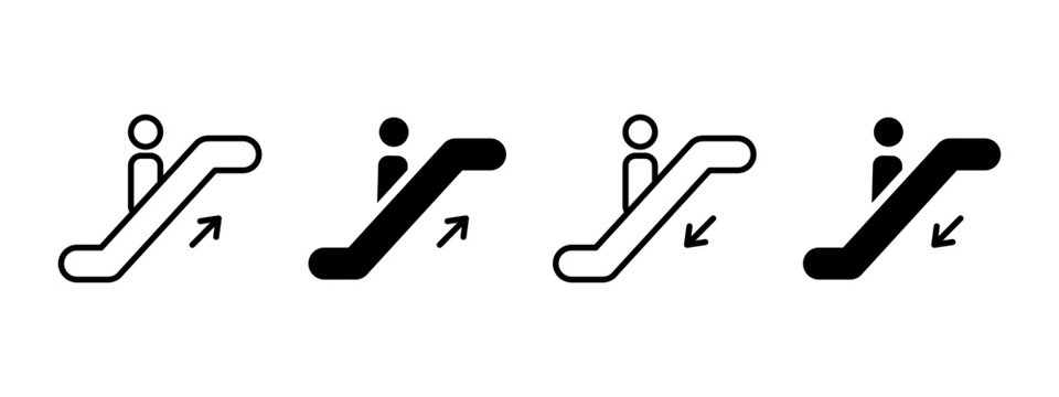 Escalator icon. Person standing on moving staircase with upward and downward arrows vector illustration. Public transport in malls and airports symbol. Automated stairway sign. Mobility pictogram.