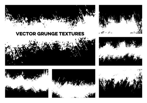 Versatile vector grunge textures set. Black and white distressed abstract backgrounds with rough edges, paint strokes, and splatter effects. Ideal for edgy designs, overlays, and artistic projects.