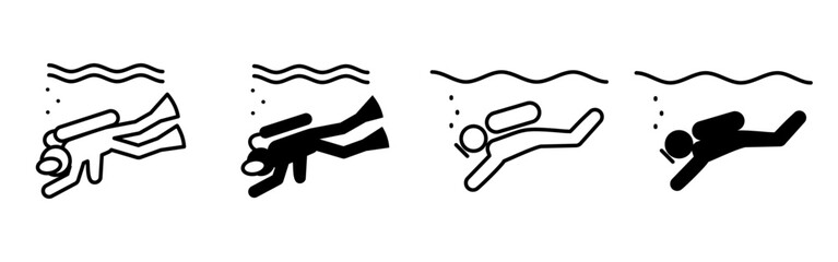 Scuba diving icon. Person swimming underwater with oxygen tank, mask and fins vector illustration. Recreational underwater activity symbol. Ocean exploration and diving sport sign. Aquatic pictogram.