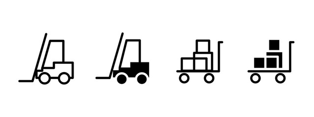 Forklift icon. Industrial vehicle and cargo trolley with boxes vector illustration. Material handling and warehouse loading symbol. Logistics and shipping equipment sign. Storage transport pictogram.