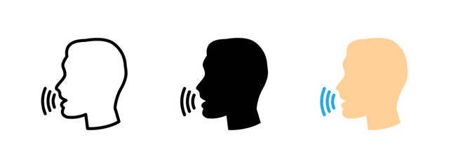 Speech icon. Human profile emitting sound waves from mouth vector illustration. Symbol of communication and voice interaction. Audio message and speaking activity sign. Media and sound pictogram.