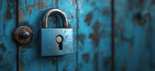 Rusty padlock on weathered blue wooden door with peeling paint and keyhole