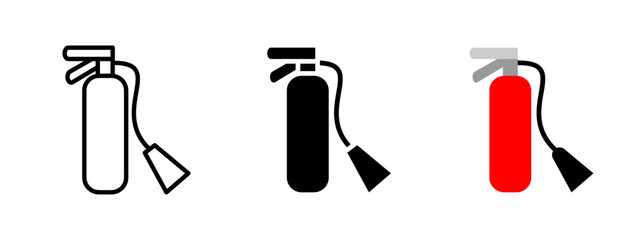 Fototapeta premium Extinguisher icon. Fire safety cylinder with hose and nozzle vector illustration. Used in emergencies to suppress flames and ensure public protection symbol. Essential firefighting equipment pictogram