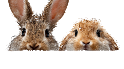 Two curious rabbits peek out, showcasing their distinctive fur and expressive faces.