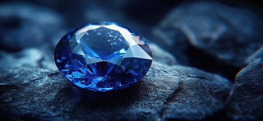 Stunning blue gemstone resting on textured dark surface with intricate facets