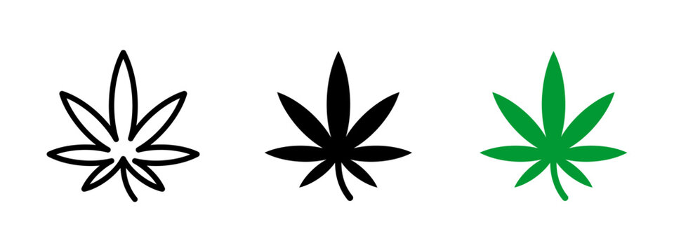Cannabis icon. Stylized marijuana leaf with pointed tips vector illustration. Hemp plant used in medical and recreational contexts symbol. Organic herb and CBD source sign. Nature-based pictogram.