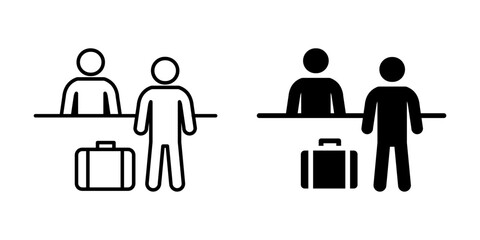 Checkin icon. Passenger standing at service counter with luggage vector illustration. Common in airport terminals and hotel receptions symbol. Travel registration and baggage drop-off pictogram.