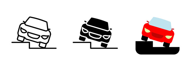 Car parking icon. Vehicle mounting a sidewalk curb in tilted position vector illustration. Indicates improper parking or traffic hazard symbol. Urban driving caution and road safety pictogram.