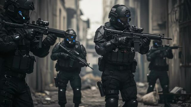 Two men in tactical military gear with rifles in destroyed urban street. Soldier squad in war zone concept footage.