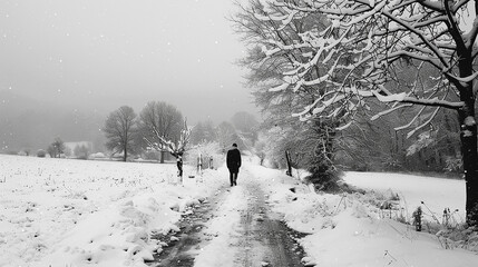 Snowy Path Walk, Black and White Winter Landscape Stock Photo