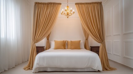 Romantic Hotel Bedroom with Elegant Drapes and Soft Lighting