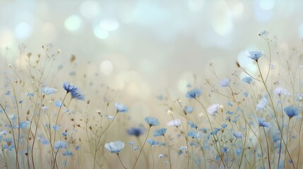 Fototapeta premium Elegant summer background with wild grasses and soft blue flowers, cool tones and light bokeh, calm natural scene with blank space for text