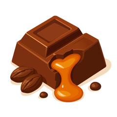 Vector illustration of melting chocolate bar with caramel filling and cocoa beans for World Chocolate Day.