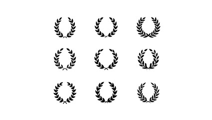 Nine black laurel wreath designs arranged on a white background  isolated on transparent background, no background