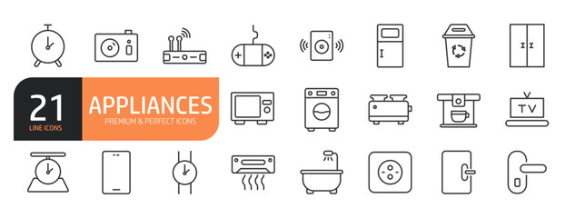 Set of line icons related to Appliances and more. Outline icons collection. Editable stroke. Vector illustration.