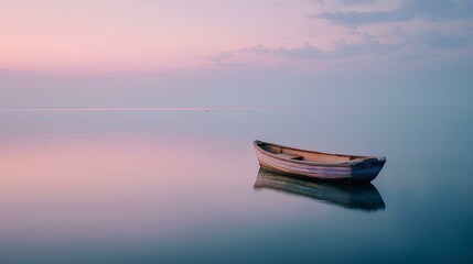 Tranquil seascape background with small wooden boat on calm water, soft cool tones, early morning mist and blank space in center