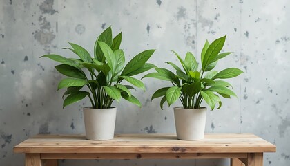 Two Peace Lilies in Pots on a Wooden Table
