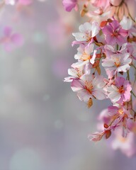 Obraz premium Romantic spring floral background with blooming flowers and soft pastel bokeh, gentle nature theme with clean center space for text