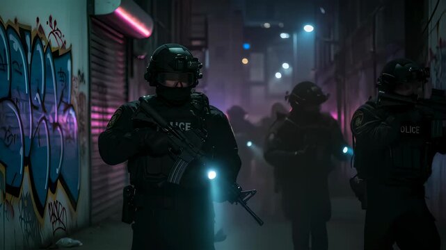 Group of police officers in tactical gear with flashlights advancing down a dark alley at night with a patrol car in background.