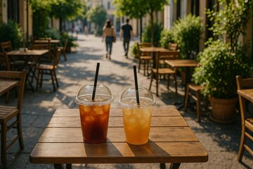 Two refreshing iced drinks on a wooden table outdoors with copy space
