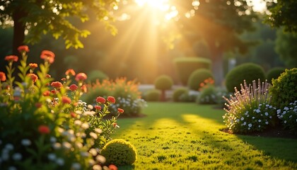Garden Landscape with Flowers and Sunlight