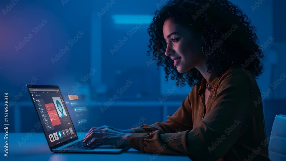 Poster woman using laptop at night. computer screen showing user interface with data and messages. digital 