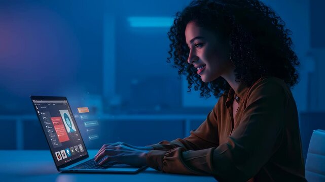 Woman using laptop at night. Computer screen showing user interface with data and messages. Digital communication concept. footage.