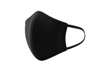 A close up shot showcasing a black fabric face mask with ear loops on a dark background plain view on transparent background