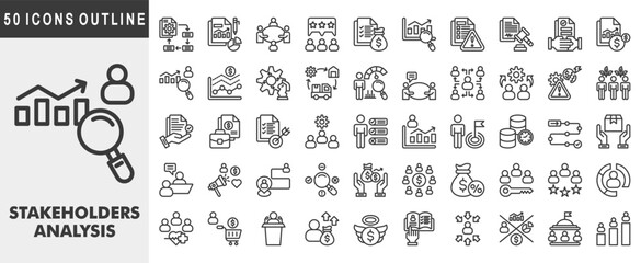 Stakeholders analysis icon set collection. Covers project plan, business report, meeting, customer feedback, budget, market research, risk assessment. Simple vector outline illustration.
