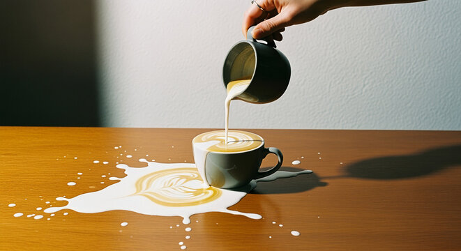 Spilled Latte Art: Milk Overflowing a Grey Cup on Wooden Table