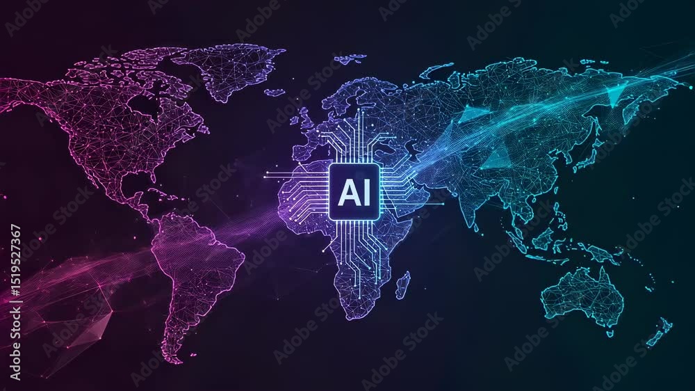 Poster artificial intelligence chip on digital world map with global network visualization, showing data fl
